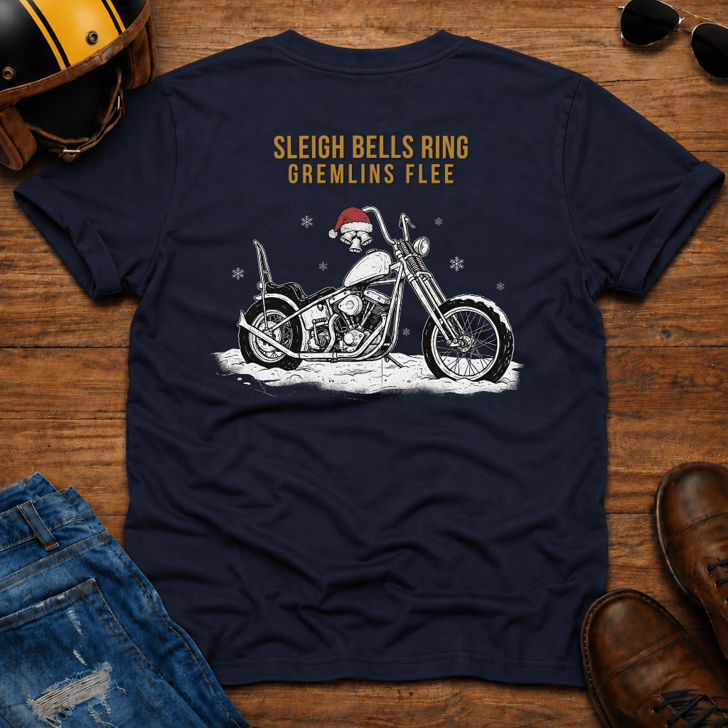 Sleigh Bells Ring Gremlins Flee Back Print Motorcycle T-Shirt