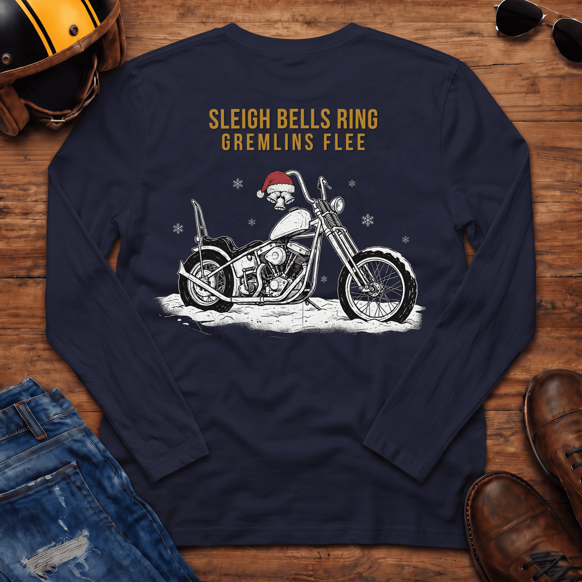 Sleigh Bells Ring Gremlins Flee Back Print Motorcycle Long Sleeve T-Shirt