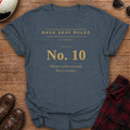 Dark Heather t-shirt with gold type on the front reading Back Seat Rules, for backpacks, Rule No. 10: Photos at the overlook. Not at seventy.