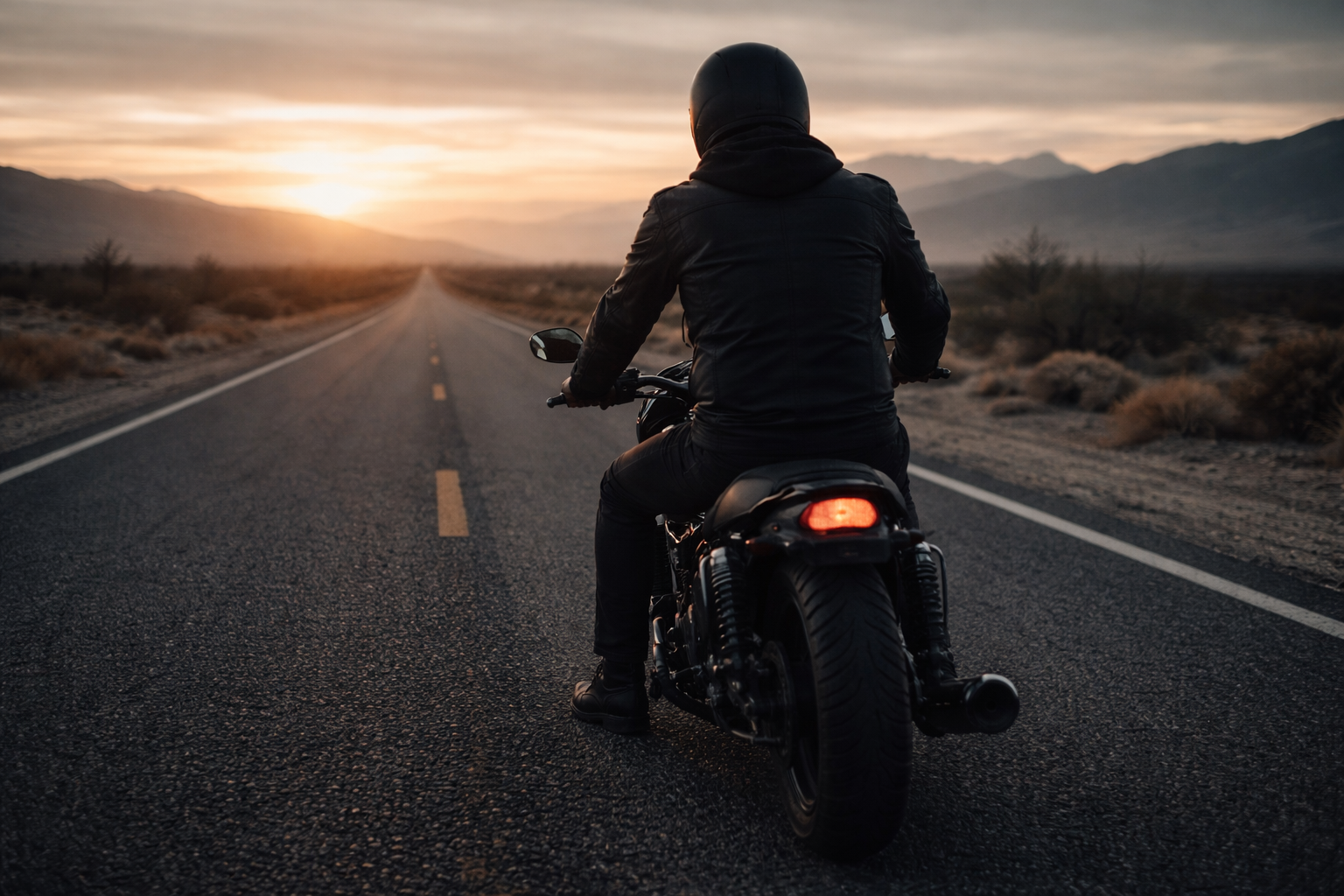 Person riding a motorcycle on an empty road with mountains in the background during sunset.